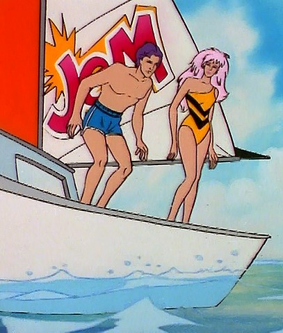 Rio and Jem jumping into the water from a sailboat
