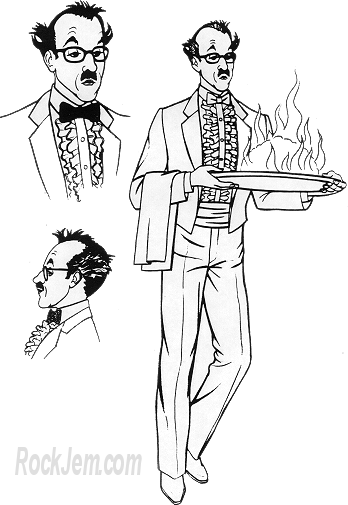 Waiter in ship's ballroom carrying flaming dessert model art