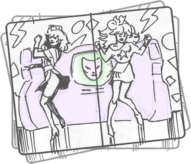 Take a look behind Jerrica and Jem, that is an early rough from the Jem intro theme song storyboard, of what Synergy would look like
