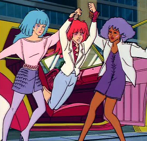 Aja and Shana lifting Kimber out of the Rockin' Roadster, the first time we see them