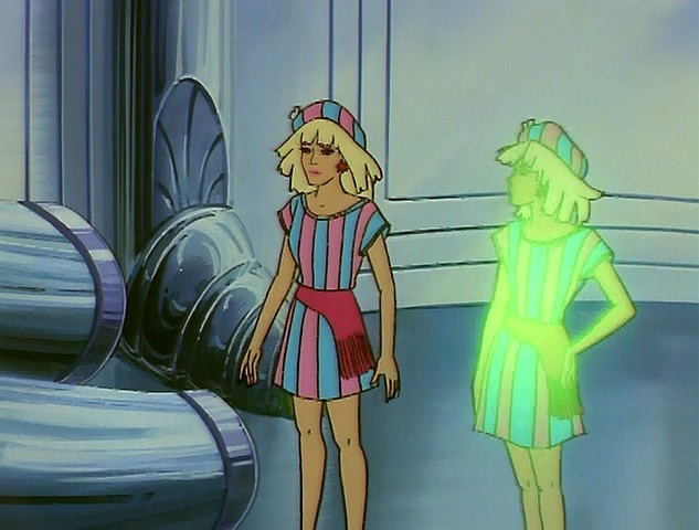 Synergy demonstrating her holograms with a hologram of Jerrica