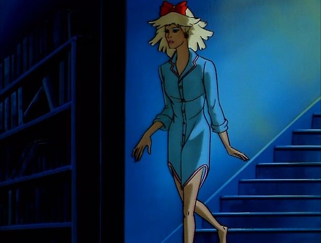 Jerrica walking down the stairs at night
